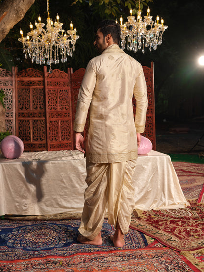 Beige Tissue Jacquard Kurta Set with Dhoti & Dupatta