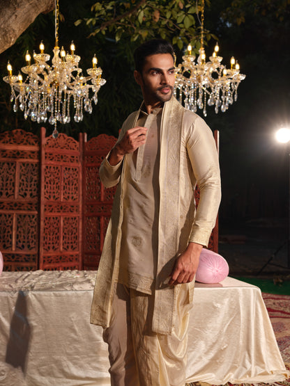 Beige Tissue Jacquard Kurta Set with Dhoti & Dupatta