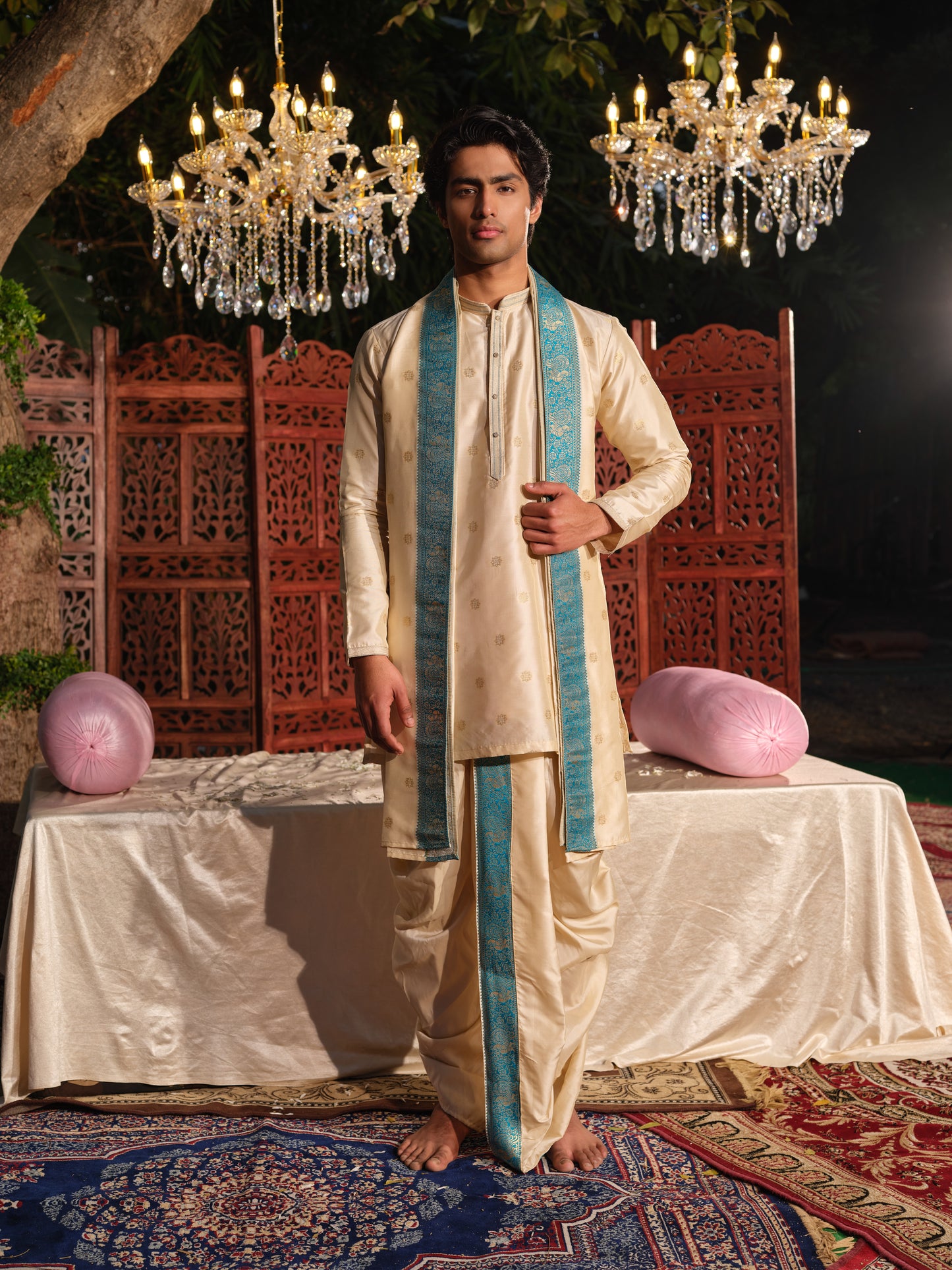 Offwhite–Blue Jacquard Kurta Set with Matching Dhoti & Dupatta