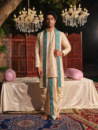 Offwhite–Blue Jacquard Kurta Set with Matching Dhoti & Dupatta
