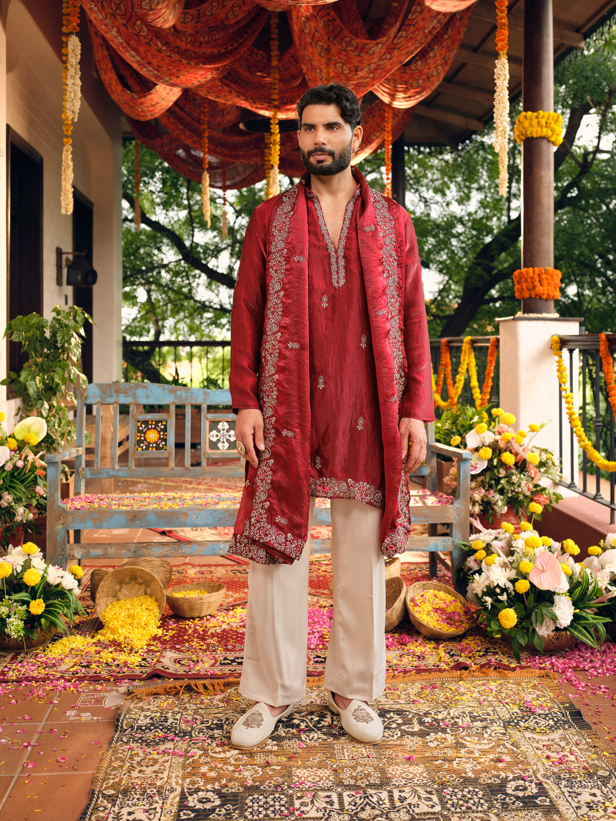 Festive Maroon Shimmer Organza Kurta Dupatta Set with Golden Zari Embroidery
