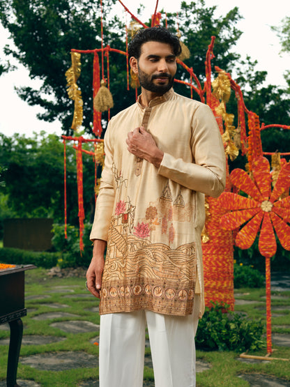 Fawn Silk Short Kurta Set with Bead Work