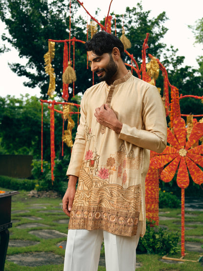Fawn Silk Short Kurta Set with Bead Work
