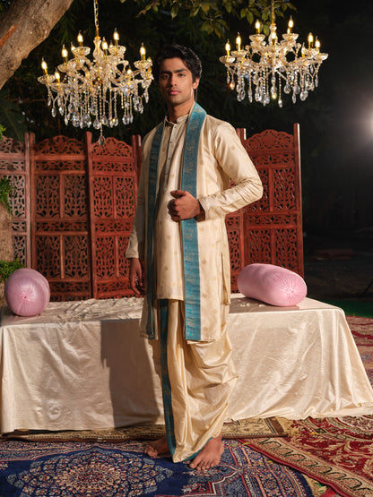 Offwhite–Blue Jacquard Kurta Set with Matching Dhoti & Dupatta