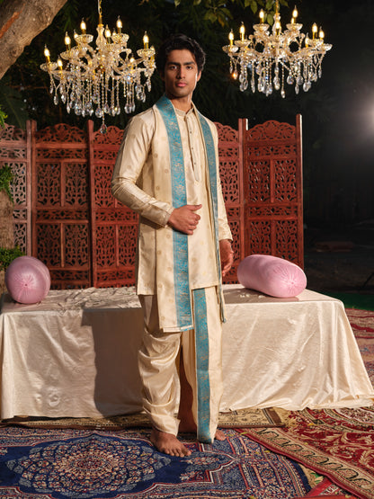 Offwhite–Blue Jacquard Kurta Set with Matching Dhoti & Dupatta