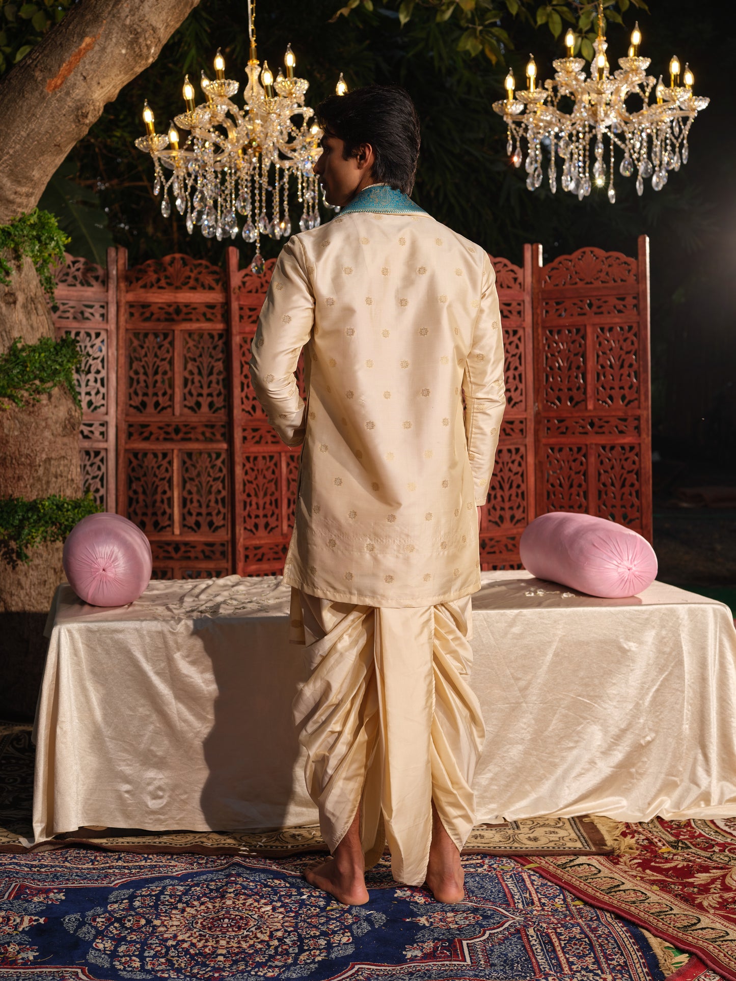 Offwhite–Blue Jacquard Kurta Set with Matching Dhoti & Dupatta