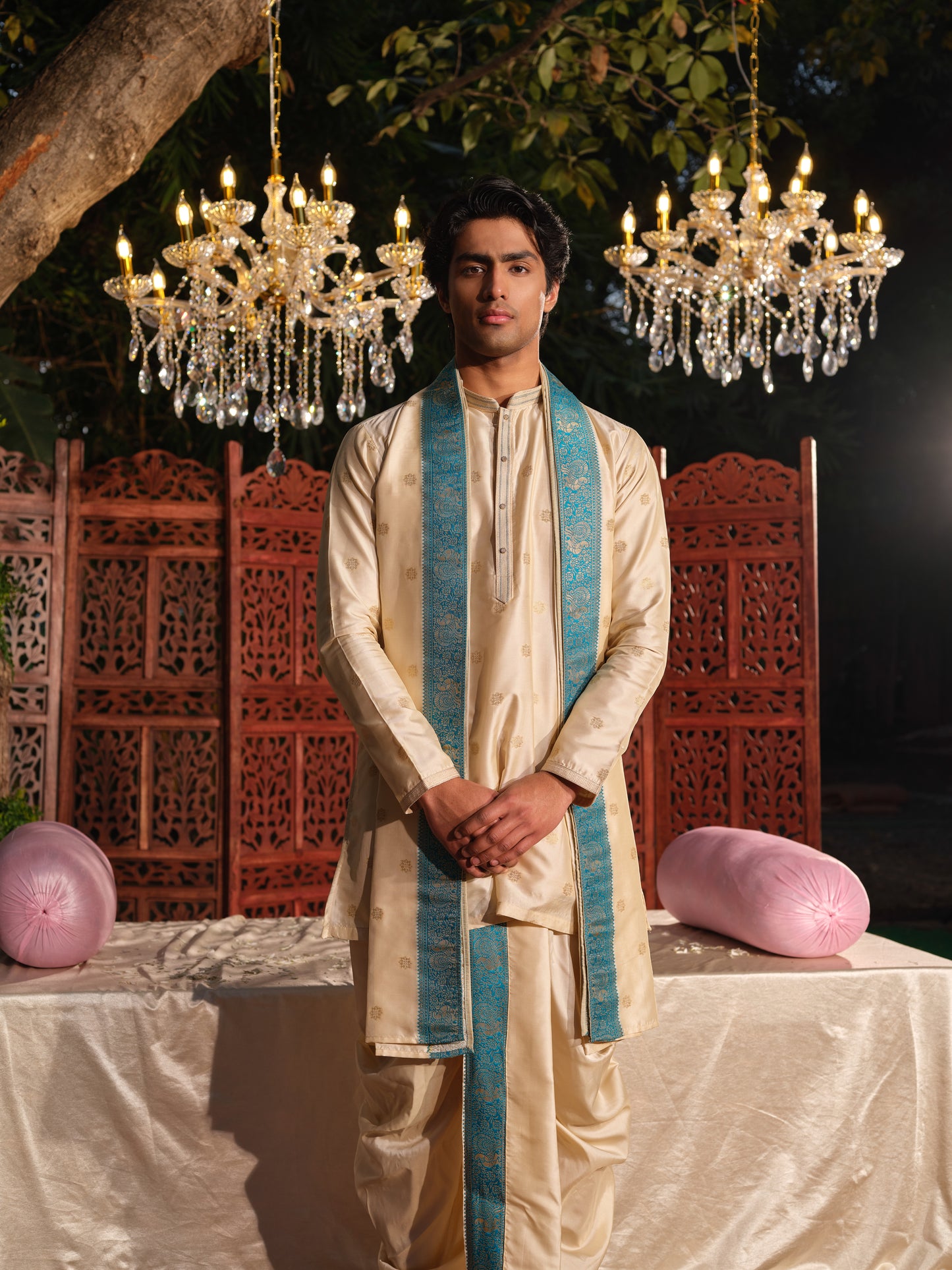 Offwhite–Blue Jacquard Kurta Set with Matching Dhoti & Dupatta