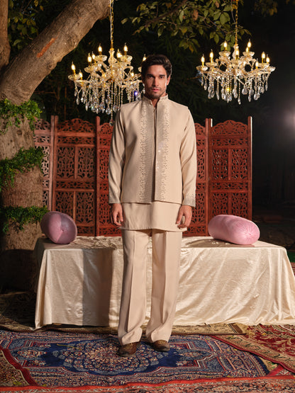 Beige Armani Jacket–Kurta Set with Hotfix Stone Detailing