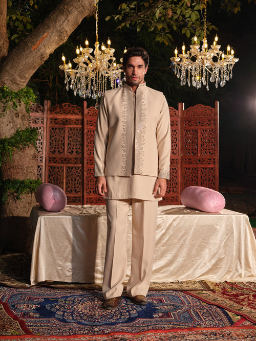 Beige Armani Jacket–Kurta Set with Hotfix Stone Detailing