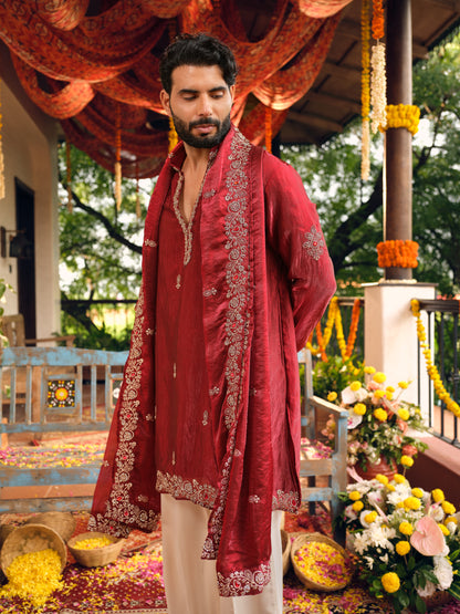 Festive Maroon Shimmer Organza Kurta Dupatta Set with Golden Zari Embroidery