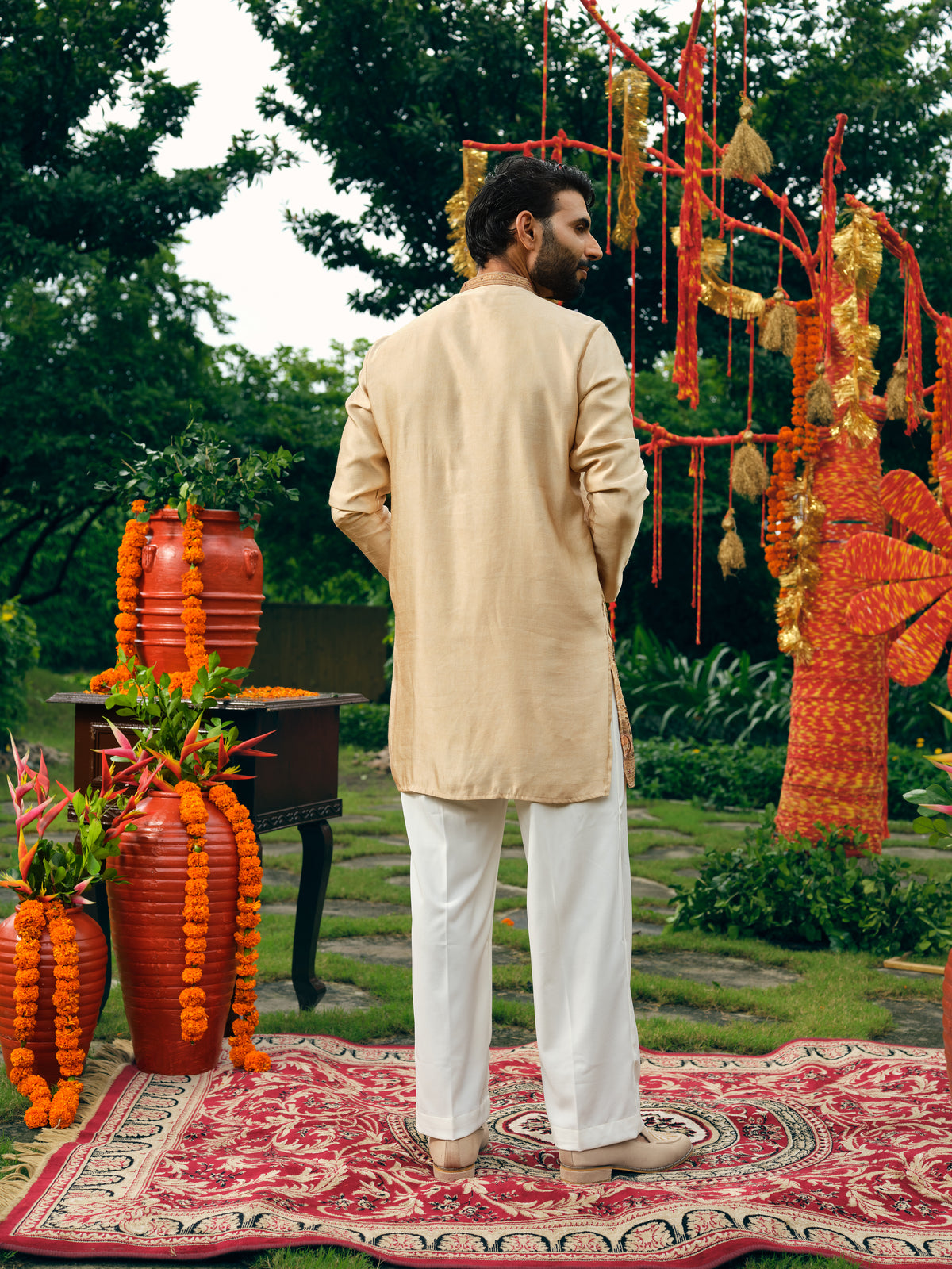 Fawn Silk Short Kurta Set with Bead Work