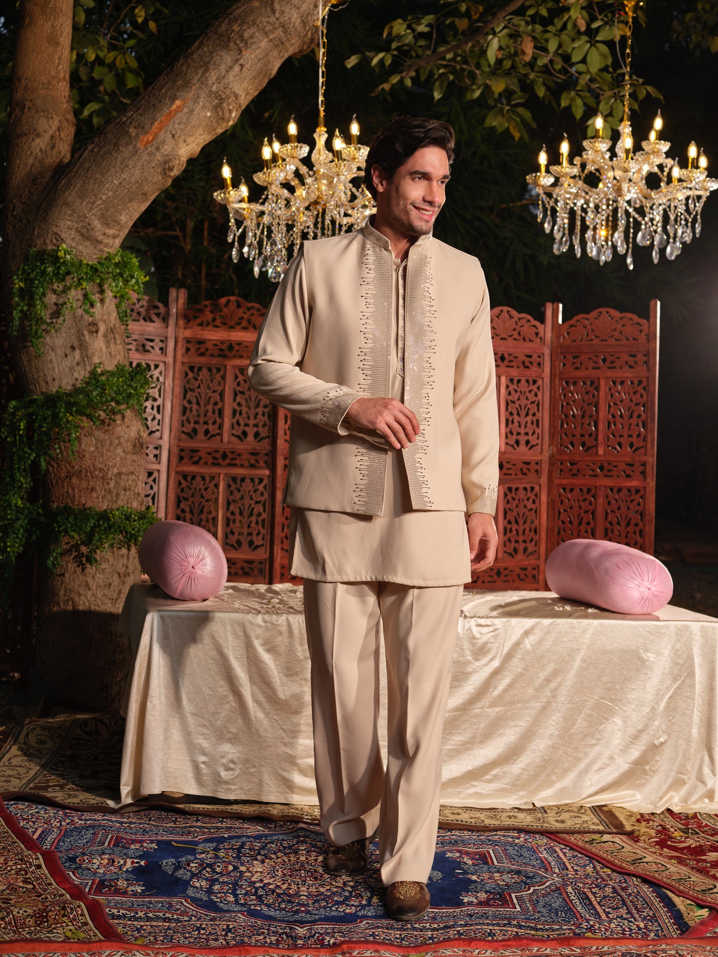 Beige Armani Jacket–Kurta Set with Hotfix Stone Detailing