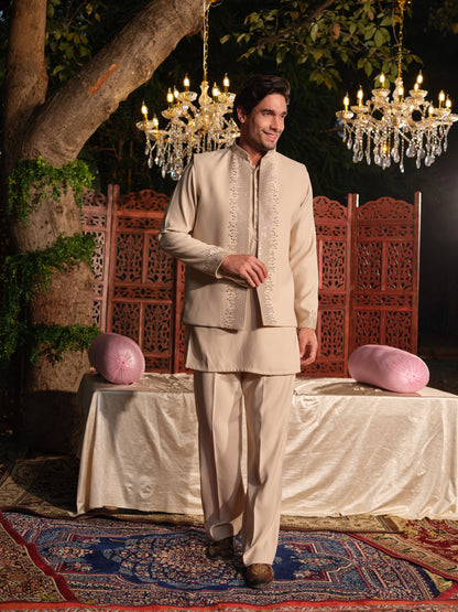 Beige Armani Jacket–Kurta Set with Hotfix Stone Detailing