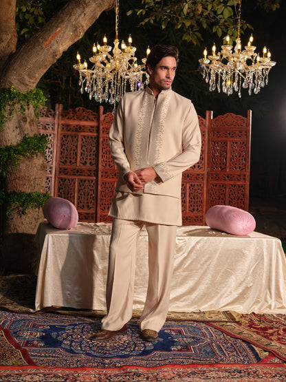 Beige Armani Jacket–Kurta Set with Hotfix Stone Detailing