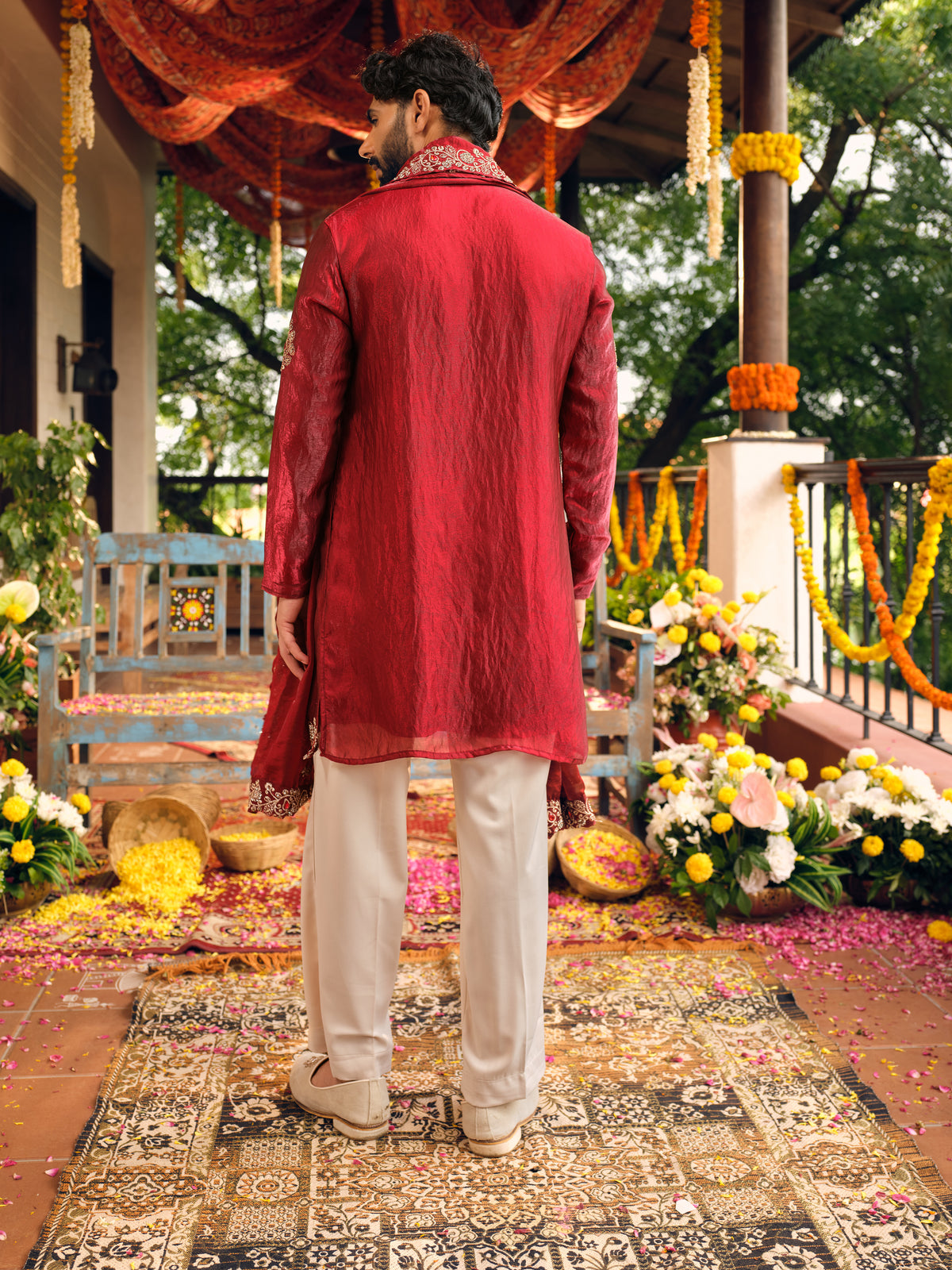 Festive Maroon Shimmer Organza Kurta Dupatta Set with Golden Zari Embroidery