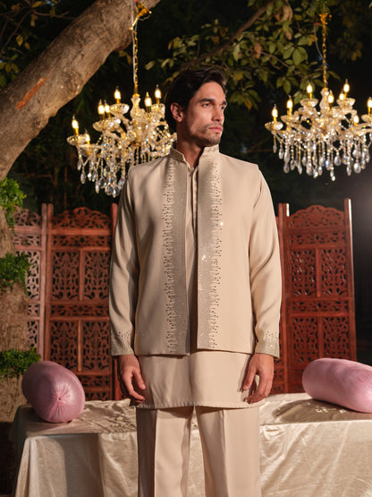 Beige Armani Jacket–Kurta Set with Hotfix Stone Detailing
