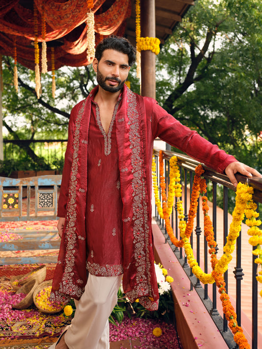 Festive Maroon Shimmer Organza Kurta Dupatta Set with Golden Zari Embroidery