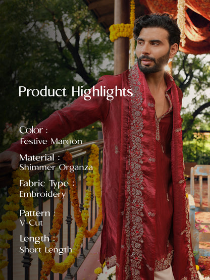 Festive Maroon Shimmer Organza Kurta Dupatta Set with Golden Zari Embroidery
