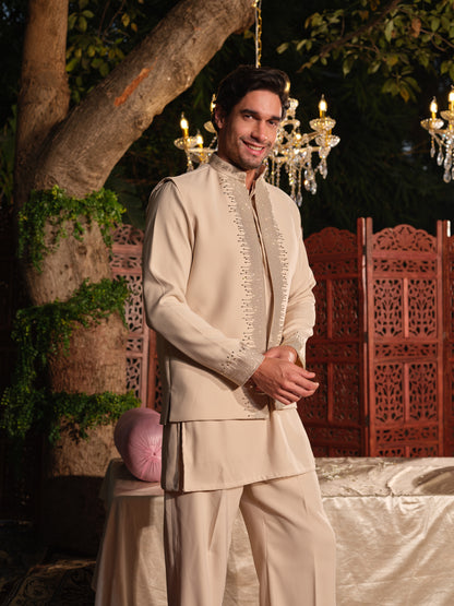Beige Armani Jacket–Kurta Set with Hotfix Stone Detailing