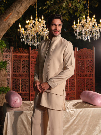 Beige Armani Jacket–Kurta Set with Hotfix Stone Detailing