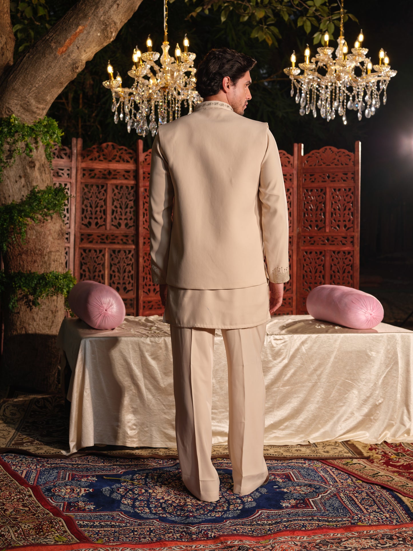 Beige Armani Jacket–Kurta Set with Hotfix Stone Detailing