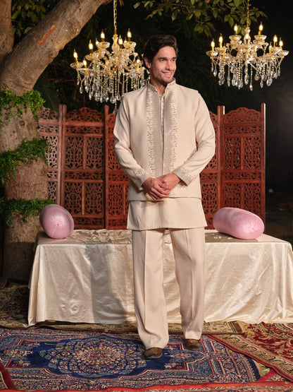 Beige Armani Jacket–Kurta Set with Hotfix Stone Detailing