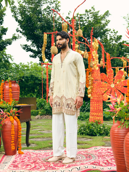 Cream Tissue Silk Short Kurta Set with Bead Work