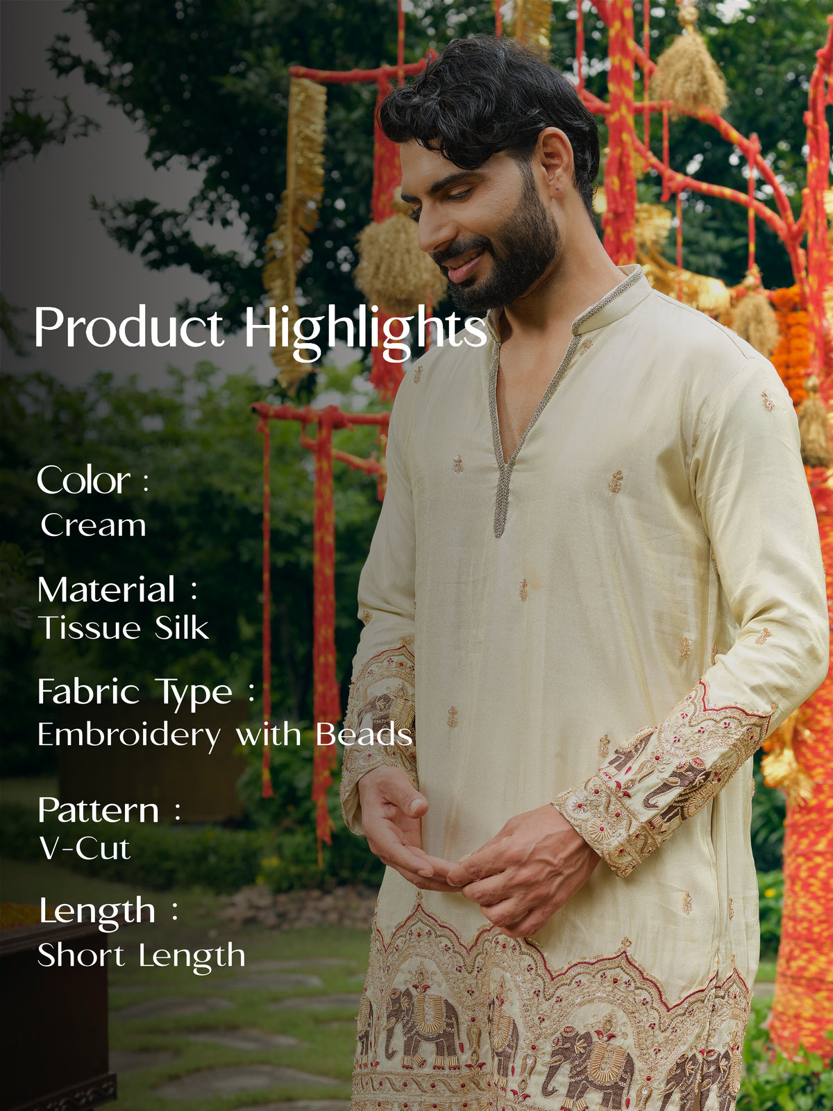 Cream Tissue Silk Short Kurta Set with Bead Work