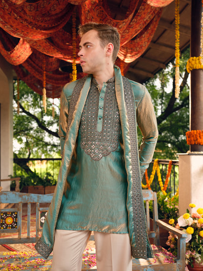 Turquoise Satin Fandi Kurta Dupatta Set with Sequins