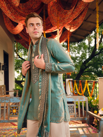 Turquoise Satin Fandi Kurta Dupatta Set with Sequins
