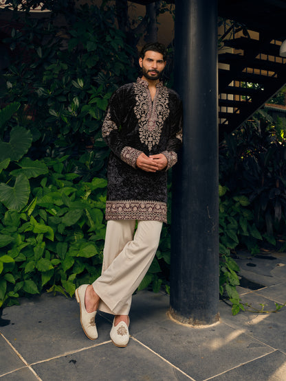 Royal Coal Velvet Short Kurta Set with Thread Embroidery