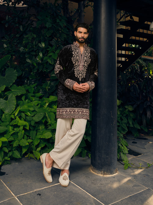 Royal Coal Velvet Short Kurta Set with Thread Embroidery