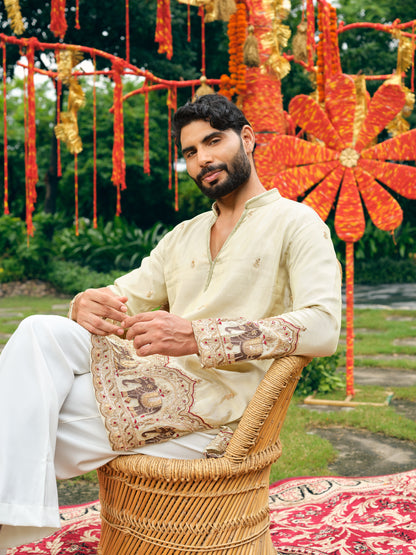 Cream Tissue Silk Short Kurta Set with Bead Work