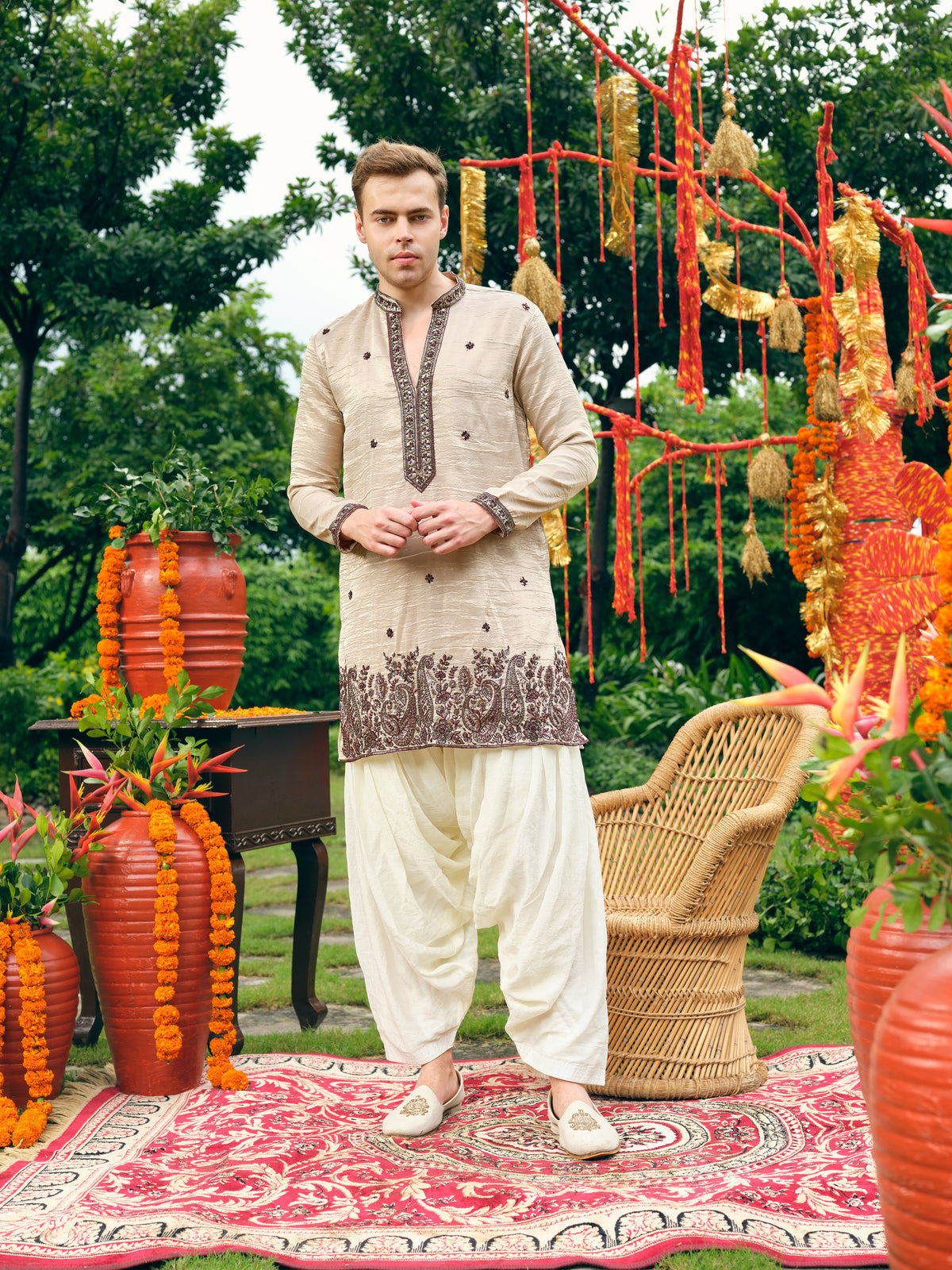 Sand Tissue Silk Short Kurta Set with Embroidery and Bead Work
