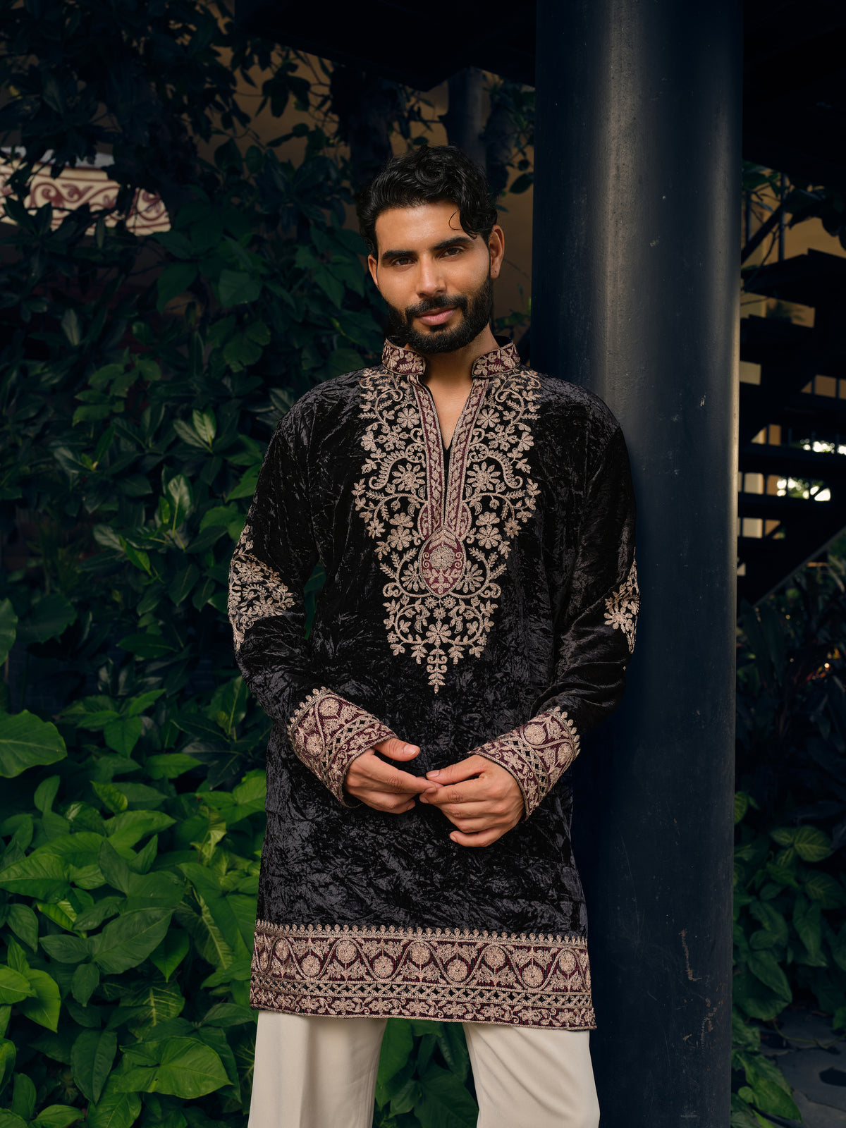Royal Coal Velvet Short Kurta Set with Thread Embroidery