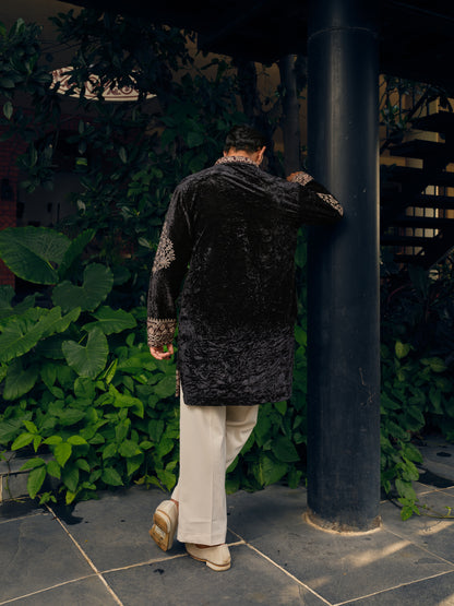 Royal Coal Velvet Short Kurta Set with Thread Embroidery