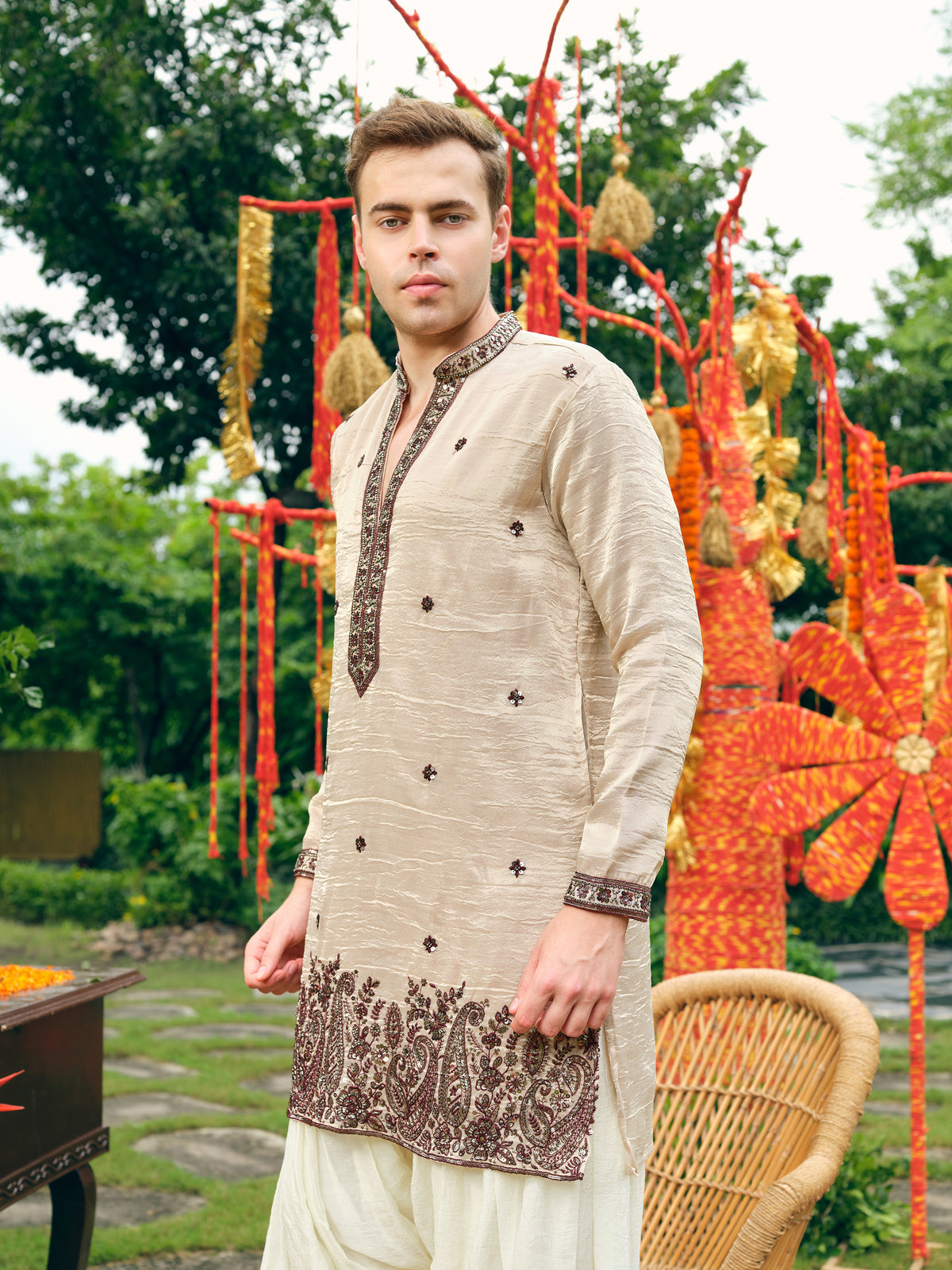 Sand Tissue Silk Short Kurta Set with Embroidery and Bead Work