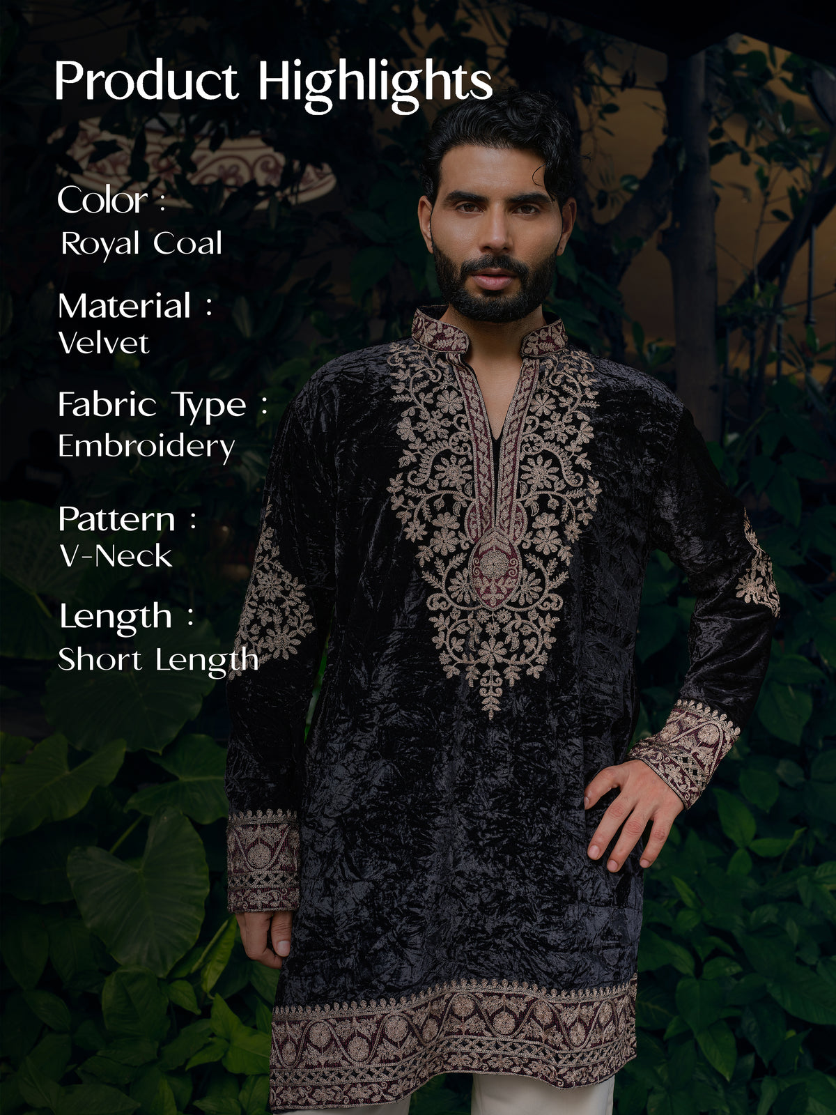 Royal Coal Velvet Short Kurta Set with Thread Embroidery