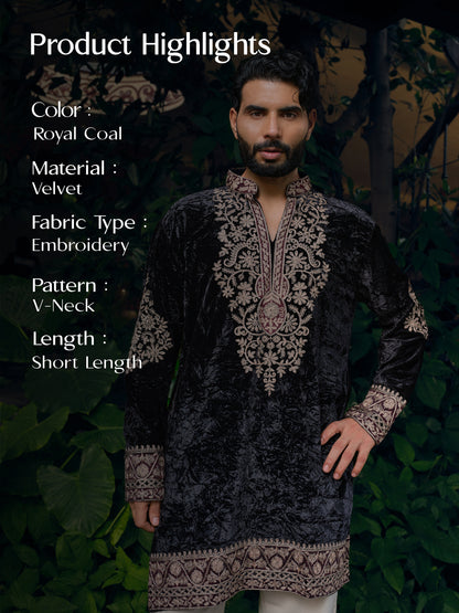 Royal Coal Velvet Short Kurta Set with Thread Embroidery