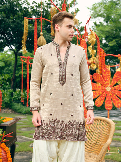 Sand Tissue Silk Short Kurta Set with Embroidery and Bead Work