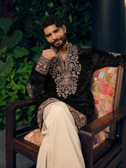 Royal Coal Velvet Short Kurta Set with Thread Embroidery