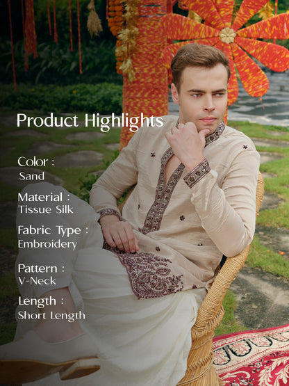 Sand Tissue Silk Short Kurta Set with Embroidery and Bead Work