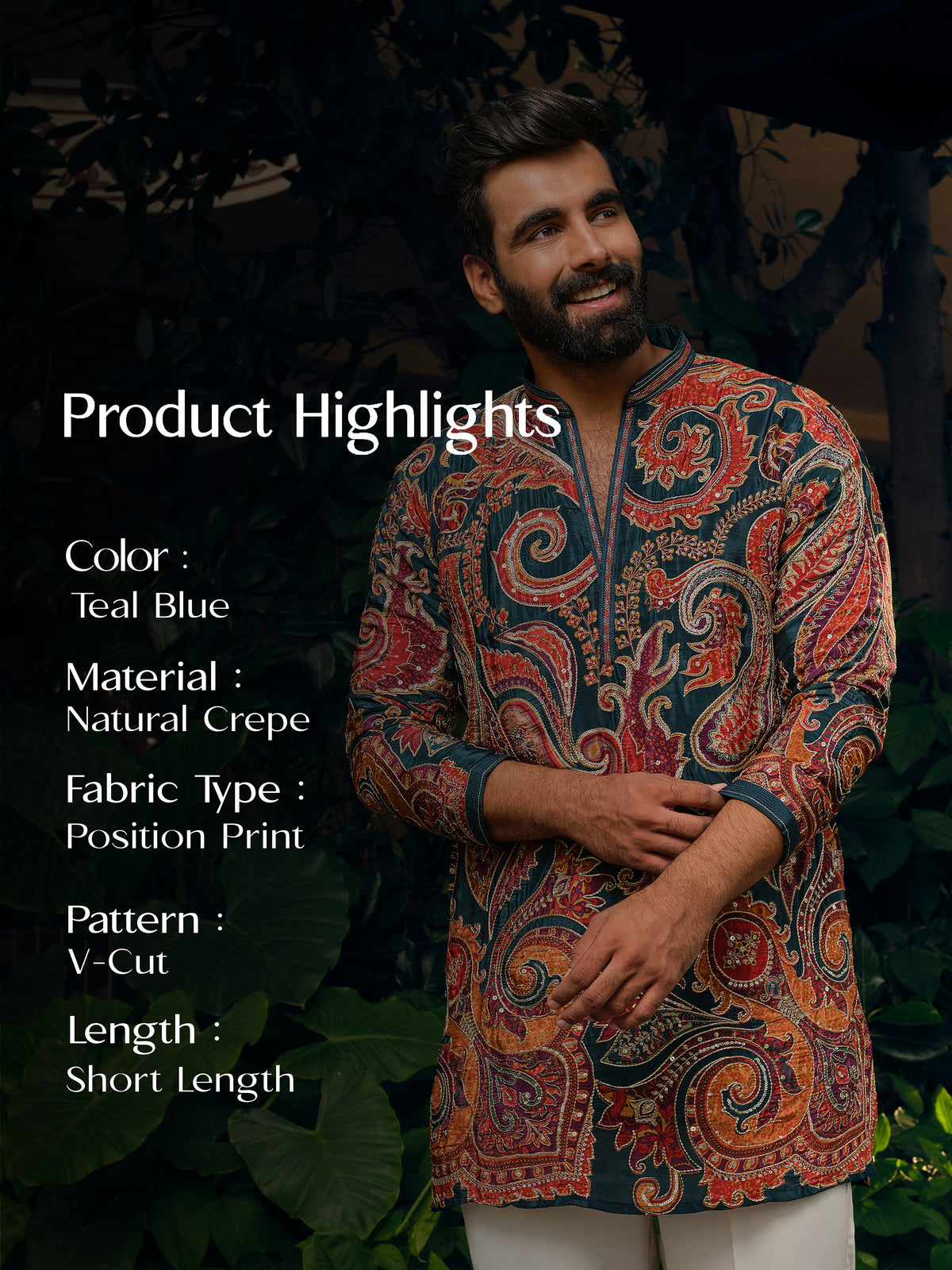Teal Blue Natural Crepe Short Kurta Set with Jari Embroidery