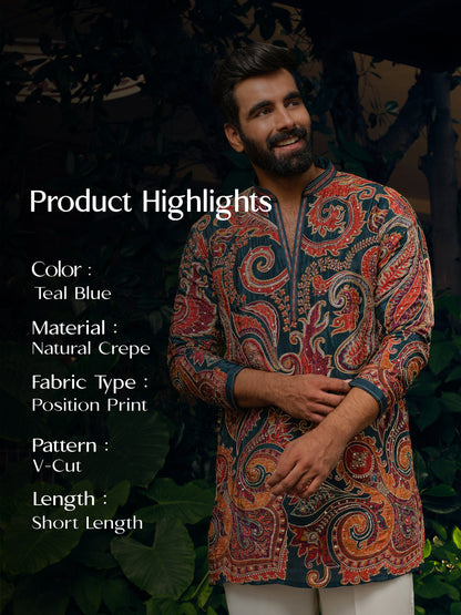 Teal Blue Natural Crepe Short Kurta Set with Jari Embroidery