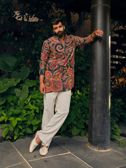 Teal Blue Natural Crepe Short Kurta Set with Jari Embroidery