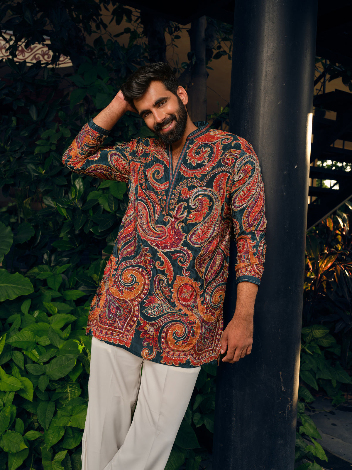 Teal Blue Natural Crepe Short Kurta Set with Jari Embroidery
