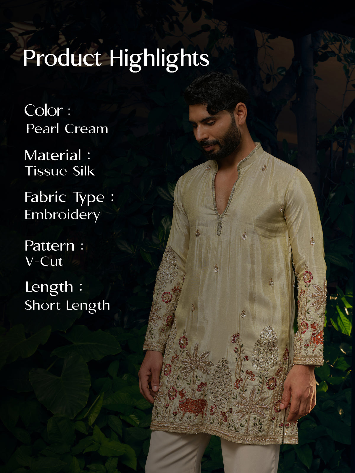 Pearl Cream Tissue Silk Short Kurta Set with Bead Work