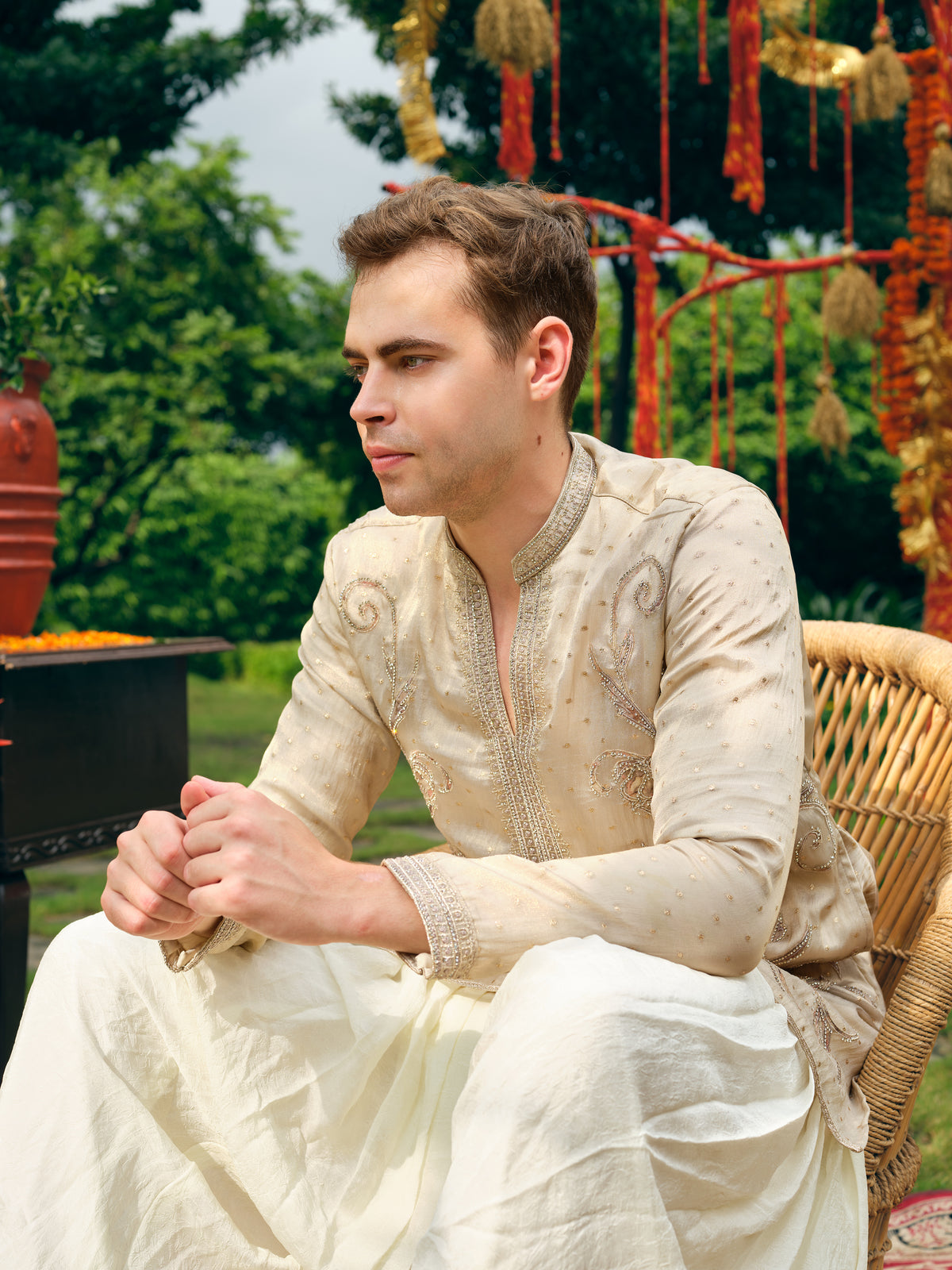 Pearl Tissue Silk Short Kurta Set with Embroidery and Bead Work