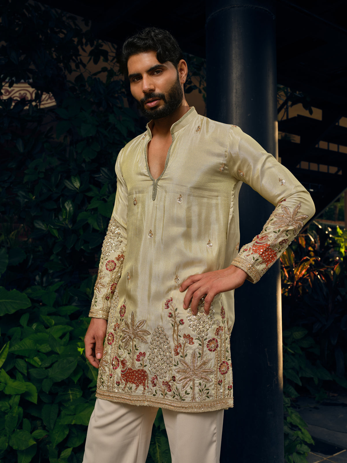 Pearl Cream Tissue Silk Short Kurta Set with Bead Work