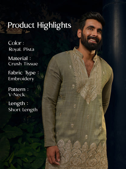 Royal Pistachio Crush Tissue Short Kurta Set with Golden Zari Embroidery